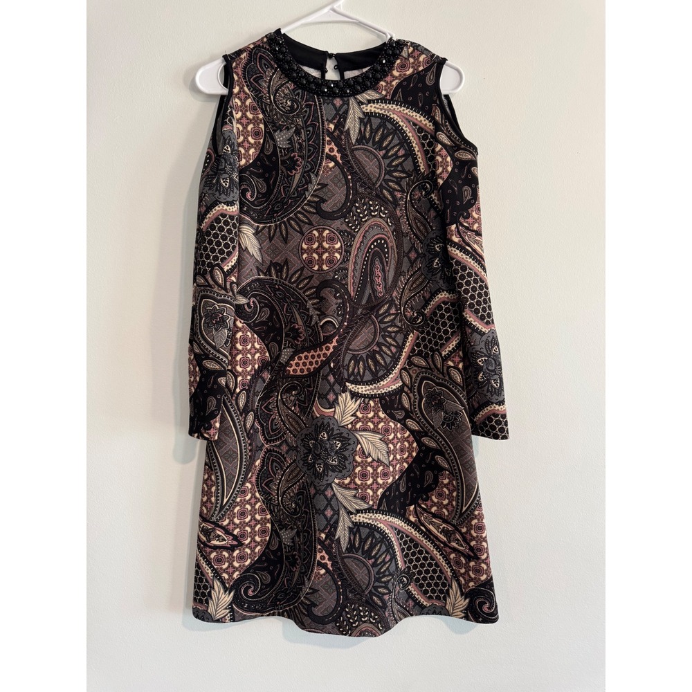 ECI New York Cold Shoulder Shift Dress Womens Small Black Paisley Beaded Neck‎